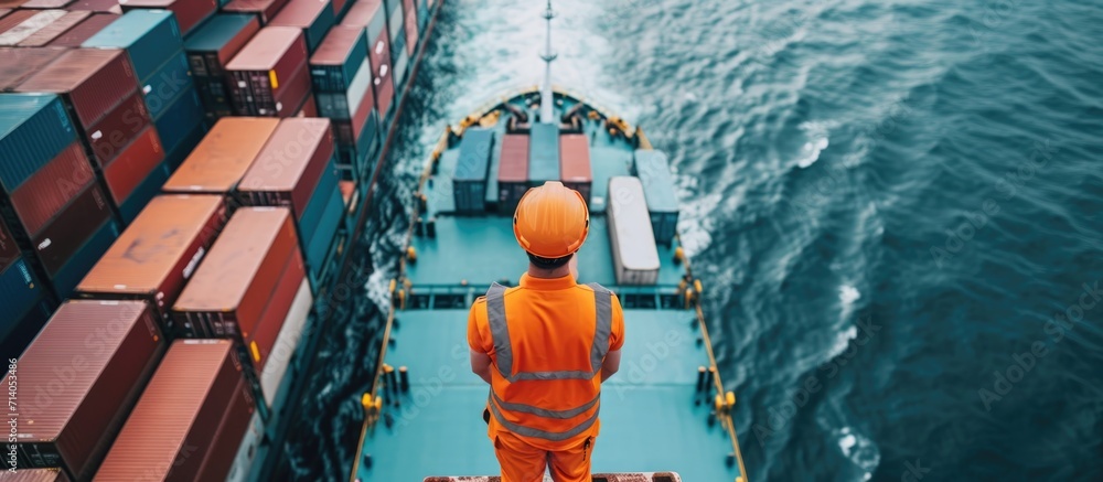 Poster supervisor manages container loading from cargo vessel.