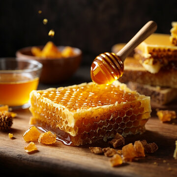 Fresh honeycomb, honey products by organic natural ingredients concept
