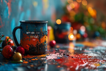 still life with tea and spices ,Christmas bokeh in background, good times, - obrazy, fototapety, plakaty
