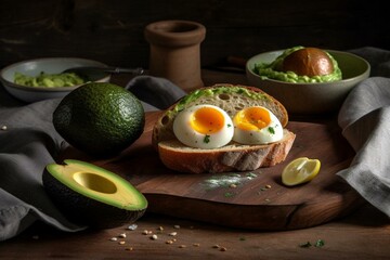 An egg-filled avocado with bread on the side. Generative AI