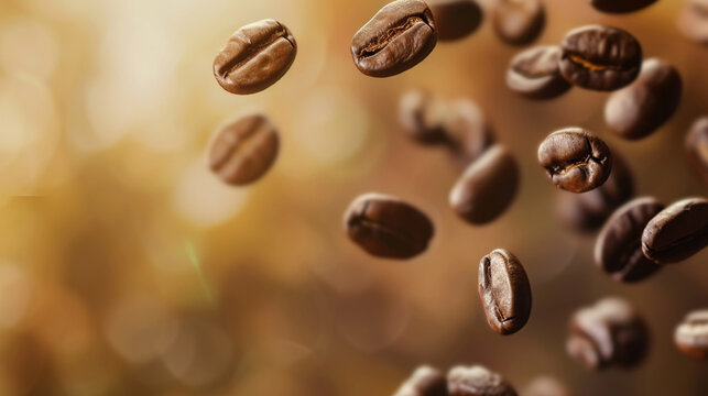 Coffee Beans Falling Against Blur Background. Copy paste area for texture