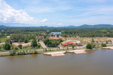 Aerial view of resort hotel buildings with Chao Phraya River, Tha Ma Kham, Mueang Kanchanaburi...