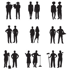 People with various occupations professions standing together. silhouettes set collection of diverse professional on isolated white background.	