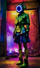 Futuristic figure in a green jacket with multiple belts and a blue skirt and yellow armored boot, illuminated by neon lights, exuding an aura of mystery and power. Her head is replaced with a box that