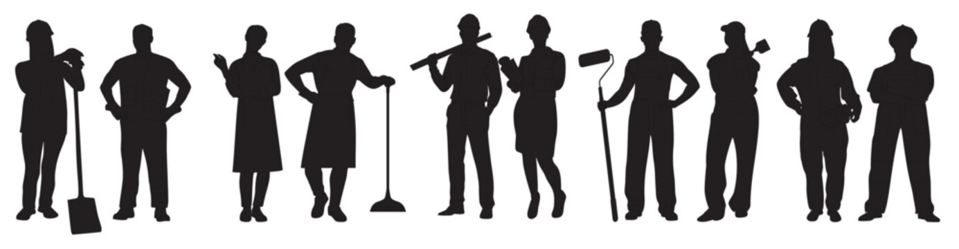 Group of diverse people occupations or jobs standing in a row vector black silhouettes set collection. People crowd standing various professions silhouettes.