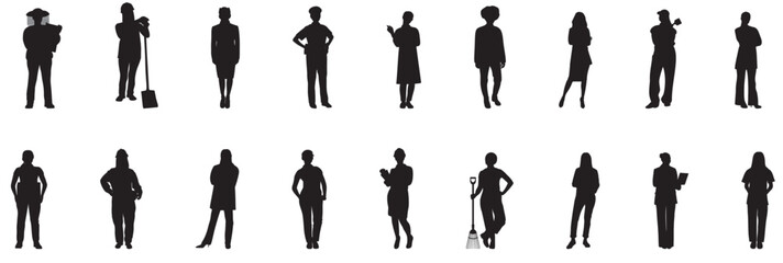 silhouette of various professional. Collection of different occupation people group of diverse workers of various professions and specialists standing together. - obrazy, fototapety, plakaty