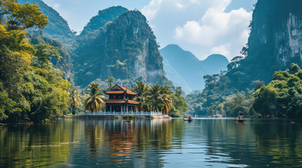 Naklejka premium Serene River and Mountain Pagoda