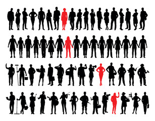 Woman in red silhouette standing among group of people in black silhouettes vector set.