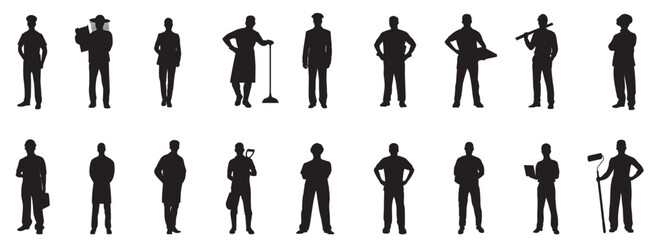 Group of diverse people occupations or jobs standing. vector black silhouettes set collection. People crowd standing various professions silhouettes.