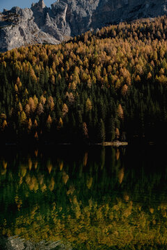 Autunno nelle Dolomiti, lago di Misurina. Riflessi autunnali