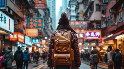 Urban Explorer: Backpacker in City Lights