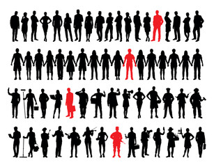 Man in red silhouette standing among group of people in black silhouettes.