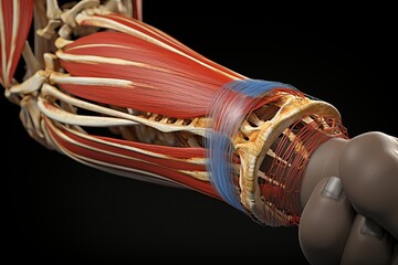 Detailed 3d illustration of elbow joint anatomy, highlighting pain sensation and structures - obrazy, fototapety, plakaty