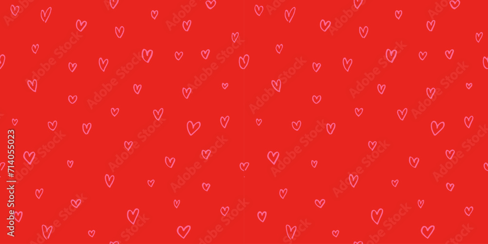 Poster Simple Red Background with Scattered Hand Drawn Hearts. Vector Seamless Pattern with Sketch Hearts. Doodle Romantic Texture for Valentine's Day Cards, Gift Wrappings or Scribble Wallpapers