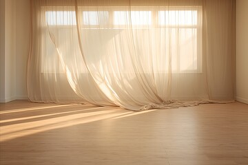 Captivating 3d interior with billowing white curtain, sunlight, and play of light and shadow