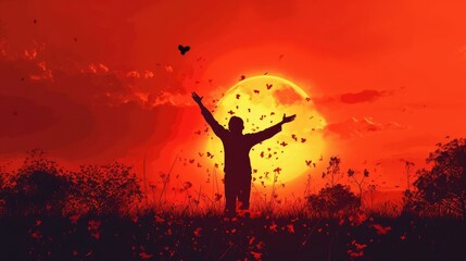 Obraz premium Silhouette Man Celebrating Muharram with Raised Hands and a Heart