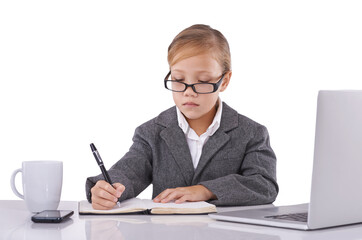 Business professional, notebook and child planning in studio, ideas and agenda for company. Serious female person, pretend employee and journal for strategy, schedule and diary on white background