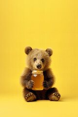 cute big bear holds out a mouthwatering honey jar isolated on light pastel yellow background 
