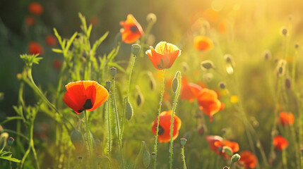 Obraz premium Spring background. Poppy Flowers On The Spring Field.slow Motion, Wind And Sun Light Nature. Copy paste area for texture