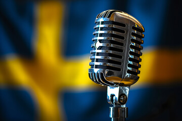 Fototapeta na wymiar microphone for a singer on the background of a blurred Sweden flag