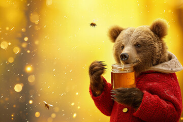 cute big bear holds out a mouthwatering honey jar isolated on light pastel yellow background 