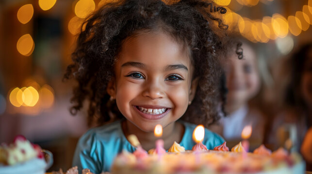 Beautiful black little girl with curly hair and beautiful smile is celebrating her birthday with cake and candles. Isolated. Happy childhood concept. Selective focus. Transparent background