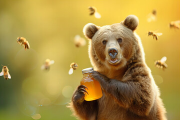 cute big bear holds out a mouthwatering honey jar isolated on light pastel yellow background  - obrazy, fototapety, plakaty