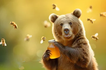 Poster cute big bear holds out a mouthwatering honey jar isolated on light pastel yellow background  © ALL YOU NEED studio