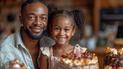 Black father and her daughter are celebrating the birthday. Cake and candles. Happy childhood concept. Selective focus