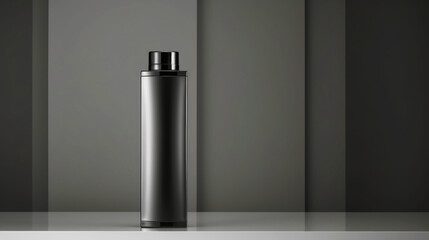 Minimalistic image of a gray shampoo bottle in the center of the podium. Luxurious studio lighting. Generative AI