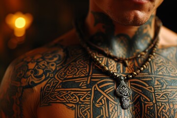 Close-up of a man's tattooed chest with an amulet pendant.