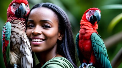  A young woman with two red parrots perched on her shoulder, about the friendship between man and bird.