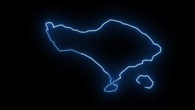 Animated map of the island of Bali in Indonesia with a glowing neon effect