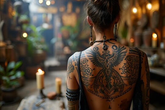 Woman with back tattoos in interior with plants and candles