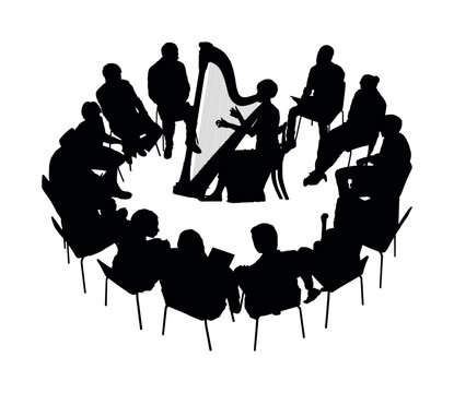 black silhouettes: harpist, audience, chairs clip art preview