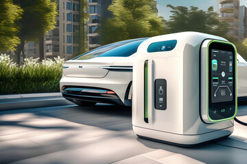 Electric car, charger - obrazy, fototapety, plakaty