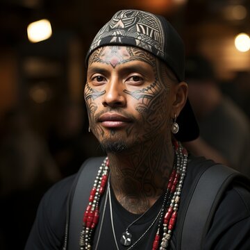 A man with tattoos on his face and body, wearing a baseball cap and beads around his neck, looks seriously at the camera