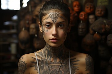  A young woman with facial tattoos and a detailed patterned tattoo on her upper body, standing in front of a backdrop of cultural artifacts.