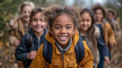 Smiling multi national schoolchildren are outdoors. Time together. School life concept. Selective focus.  