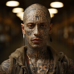 A close-up of an individual with intricate facial and neck tattoos, including tribal patterns and geometric designs.
