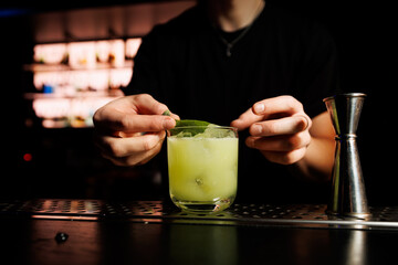 Bartender making alcohol cocktail in a bar, close-Up.
