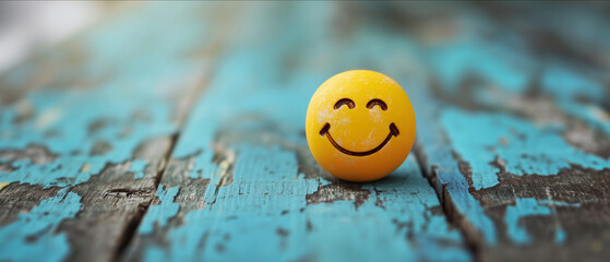 Joy Embodied in Simplicity: Smiling Yellow Sphere Against a Weathered Turquoise Backdrop Over 80 Characters