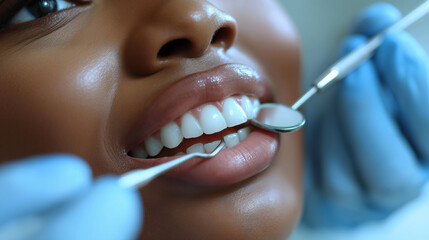 American African girl with white teeth is at dentist. Tooth care concept. Selective focus