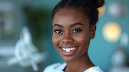 Beautiful American African woman dentist is at dentist surgery is waiting for the patients. Tooth care concept. Selective focus 