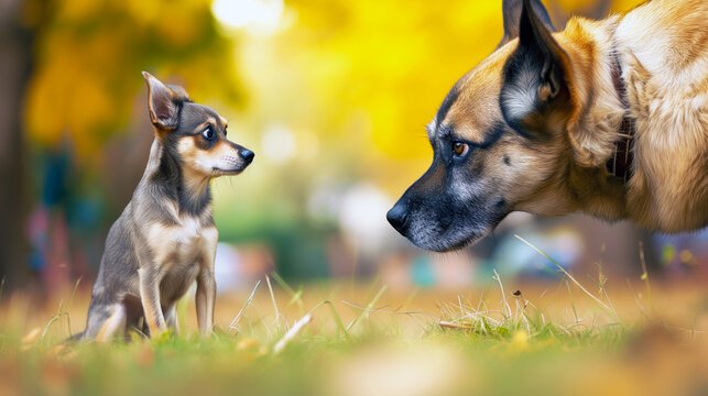 tiny brown afriad and bravery puppy and a large shepherd dog face each other on a grassy field with autumn trees behind them