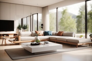 Fototapeta premium Interior home design of modern living room with corner sofa and square wooden table with forest view on window