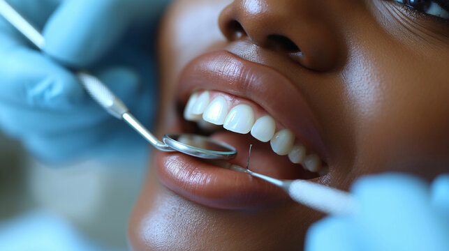 African young girl with white teeth is at dental examination. Dental equipments. Selective focus.