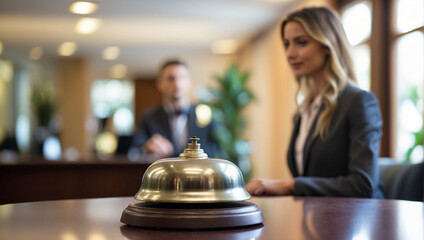 close up service bell at the hotel with a blurry female receptionist in the background - obrazy, fototapety, plakaty