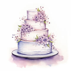 Fototapeta na wymiar Beautiful 3 tier wedding cake decorated with light purple flowers. Watercolor style illustration