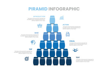 Tiered pyramid diagram with 4 segments or layers and percentage indication. Concept of four levels of hierarchy. Modern infographic design template. Vector illustration for presentation, brochure.